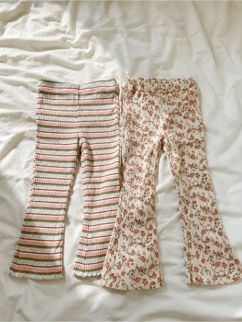 Girls' Ribbed Flare Pants - Floral & Striped Set in Cream and Rust